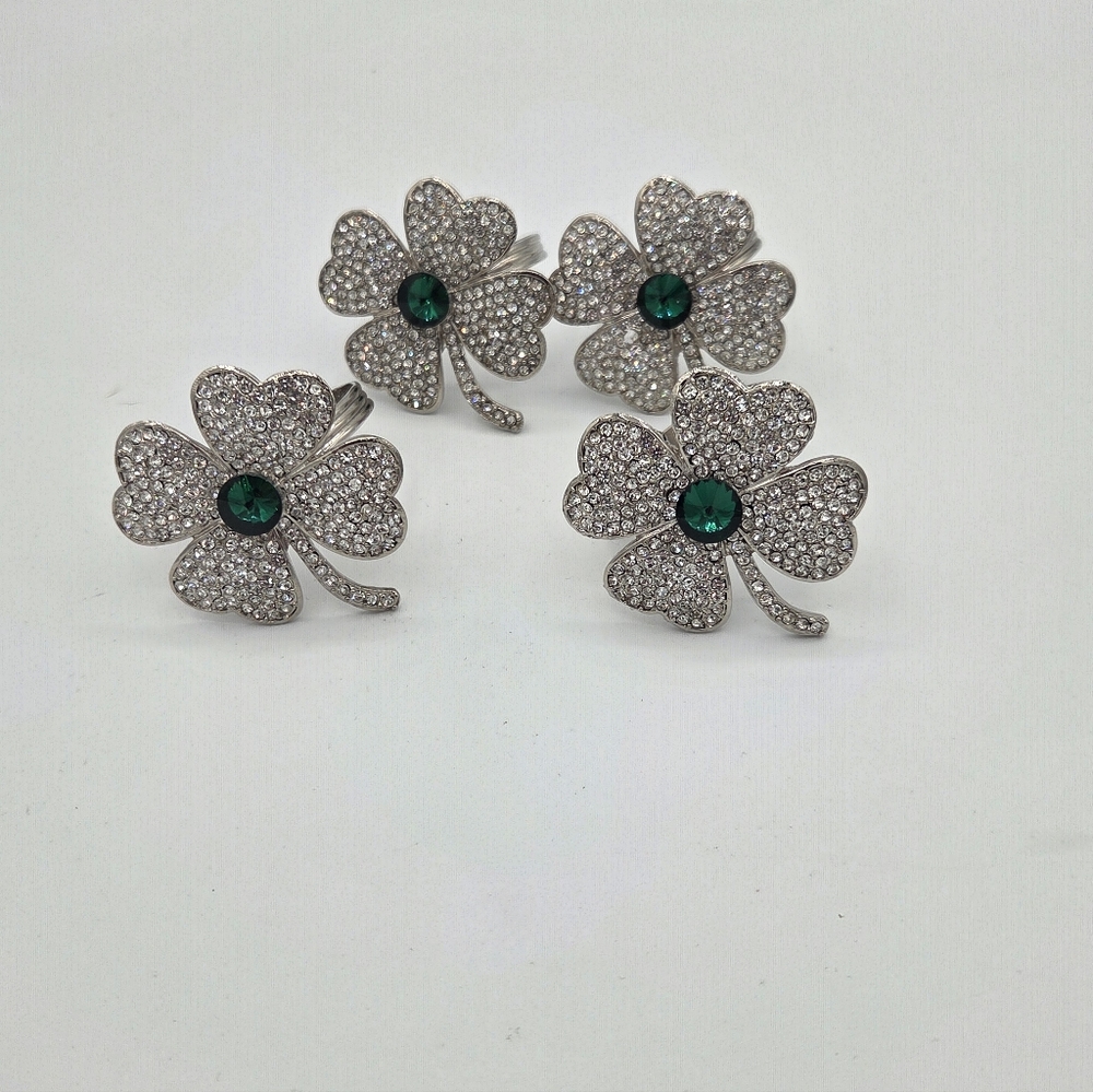 St Patrick's Irish Shamrock Clover Rhinestone Napkin Rings Set of 4